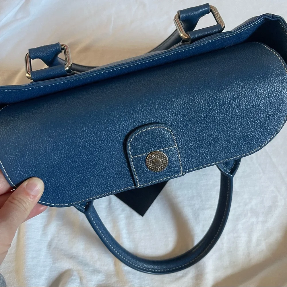 MCM Navy Blue Leather Boston Handbag Small Silver Hardware COA - Picture 8 of 11